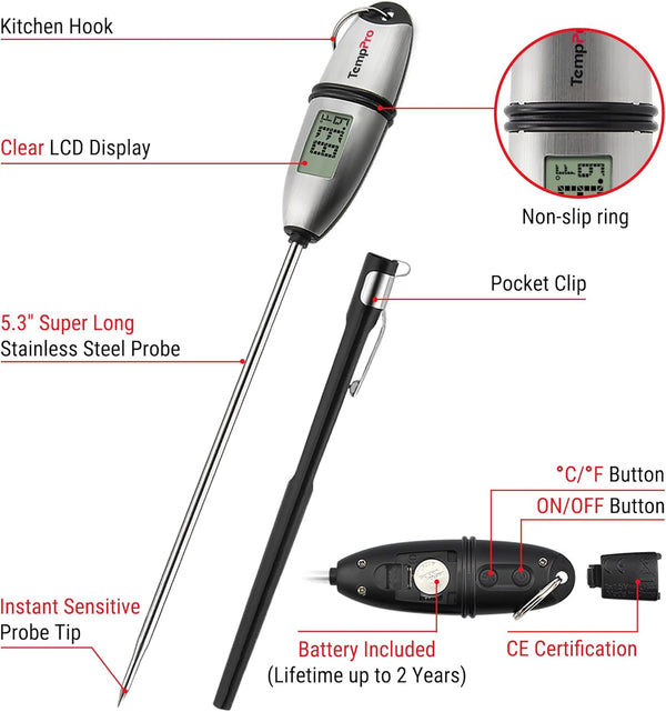 Thermopro TP02S Digital Food Thermometer for Cooking Bread Baking Sourdough Liquids, Meat Thermometer Digital with Super Long Probe for Grill
