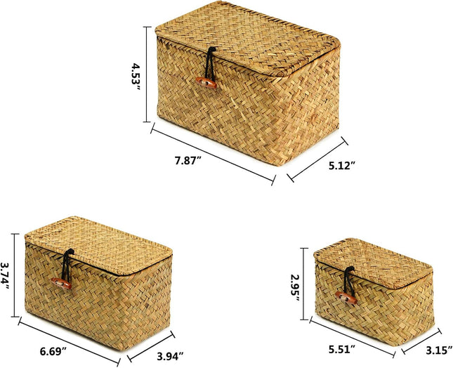 FEILANDUO Shelf Baskets with Lid Set of 3 Handwoven Seagrass Storage Box Wicker Basket Desktop Makeup Organizer Multipur