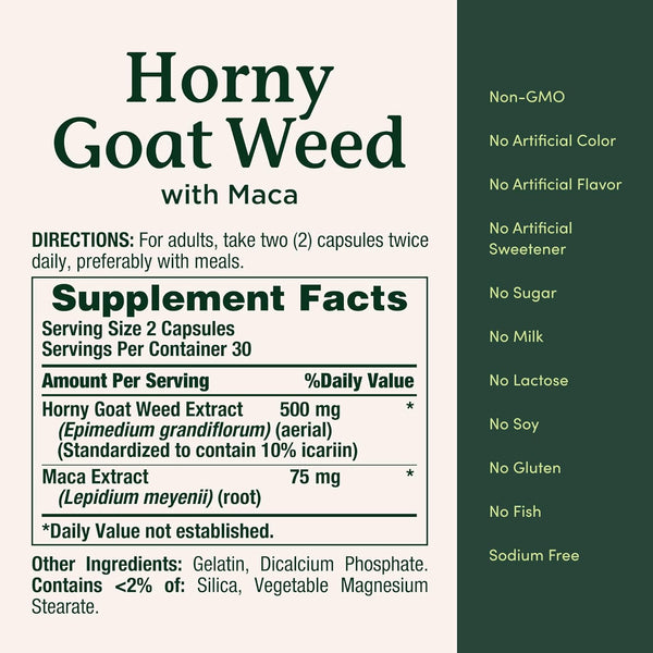 Nature'S Bounty Horny Goat Weed with Maca, Herbal Health Supplement, 60 Capsules