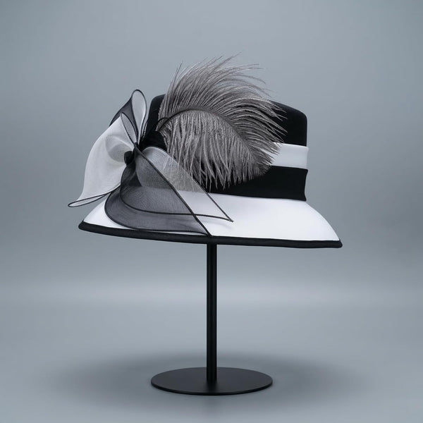 June'S Young Women Church Hats Formal Dress Derby Hats with Feather Elegant Bucket Hats (Black/White)