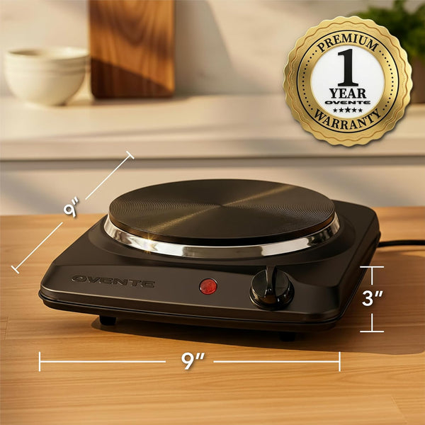 OVENTE Electric Countertop Single Burner, 1000W Cooktop with 7.25 Inch Cast Iron Hot Plate, 5 Level Temperature Control, Compact Cooking Stove and