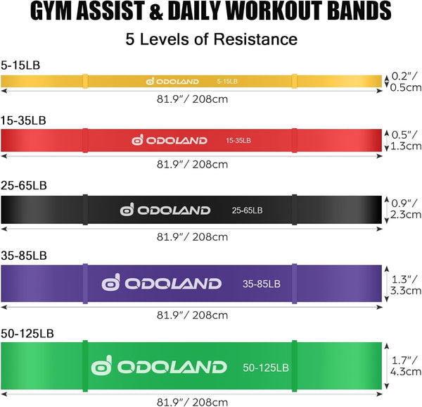 Odoland 5 Packs Pull Up Assist Bands, Pull Up Straps, Resistance Bands with Door Anchor and Handles, Stretch Mobility, Powerlifting and Extra