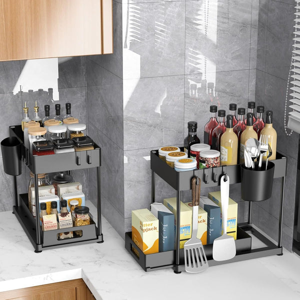 Under Sink Organizers and Storage, 2 Pack Large Capacity Heavy Load Pull-Out under Sink Shelves with Sliding Drawer for Kitchen and Bathroom,