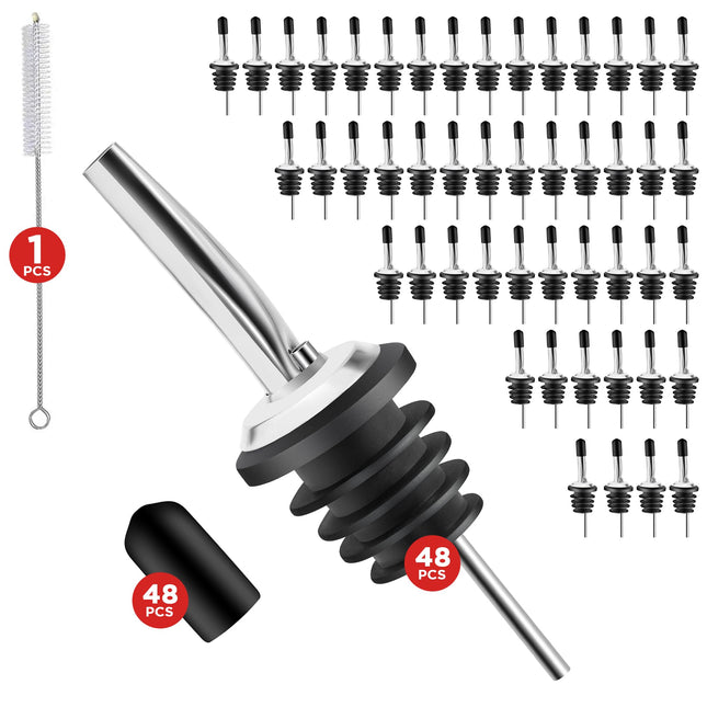 48 Pack Stainless Steel Bottle Pourers for Alcohol, Liquor, and Wine - Bar Accessories, Spouts for Bottles and Dispenser