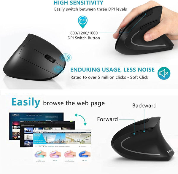 Lekvey Ergonomic Mouse, Vertical Wireless Mouse - Rechargeable 2.4Ghz Optical Vertical Mice : 3 Adjustable DPI 800/1200/1600 Levels 6 Buttons, for