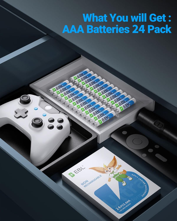 EBL AAA Batteries 24 Pack, 1.5V Alkaline Triple a Batteries, Long-Lasting Alkaline Power for All Your Devices, 10-Year Shelf Life