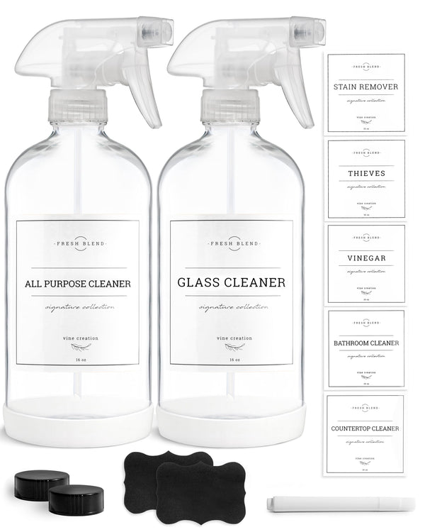 Vine Creations Glass Spray Bottles, 2 Pack Refillable Spray Bottles for Cleaning Solutions, Clear Spray Bottle for Plants, Water Spray Bottle