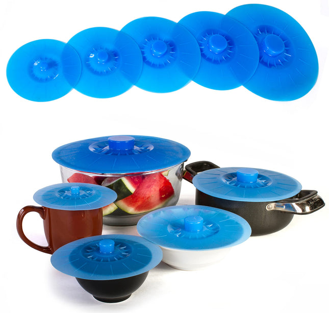 Kitchen + Home Silicone Suction Lids and Food Covers - Set of 5 - Fits Various Sizes of Cups, Bowls, Pans, or Containers