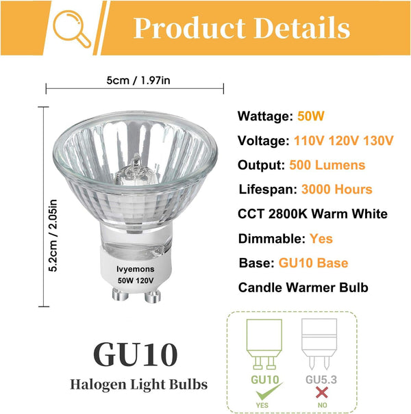 GU10+C 120V 50W Bulb - High Output 500LM GU10 Dimmable Bulb, MR16 GU 10 Base Bulbs Warm White GU 10 Halogen 50W Bulbs, Long Lasting 50 Watt MR16