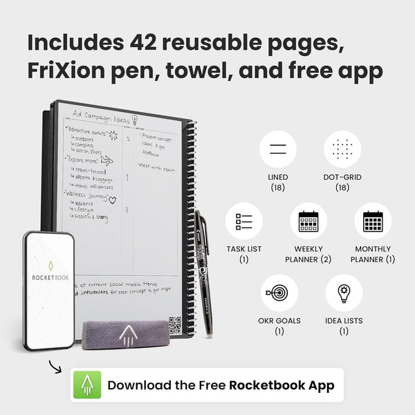 Rocketbook Fusion Reusable Undated Productivity Planner, Letter Size 8.5X11, Beige - Goals, Monthly and Weekly Calendar, Daily To-Do List, Lined