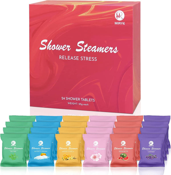 Shower Steamers Aromatherapy for Women and Men, 24-Pack Organic Shower Bombs with Essential Oil, Rose, Watermelon, Tea Tree, Orange, Sea Salt,