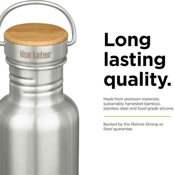 Klean Kanteen 27 Oz Reflect Water Bottle with Bamboo Cap - Reusable Water Bottle - Bpa-Free - Made with Stainless Steel & Food-Grade Silicone -