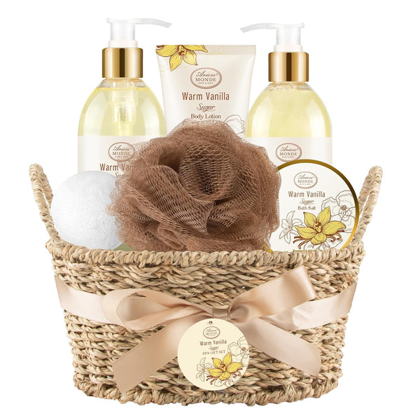 Bath and Body Warm Vanilla Sugar Spa Gifts for Women, with Shower Gel, Bubble Bath, Body Lotion, Bath Bomb, Bath Salt, Spa Basket Gift Set for