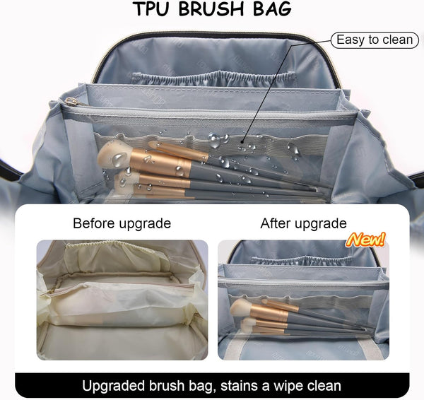 BOYATU Travel Makeup Bag Organizer Cosmetic Bag: 3 Pcs Set Make up Bags for Women with Handle - Waterproof Vegan Leather Toiletry Bags with