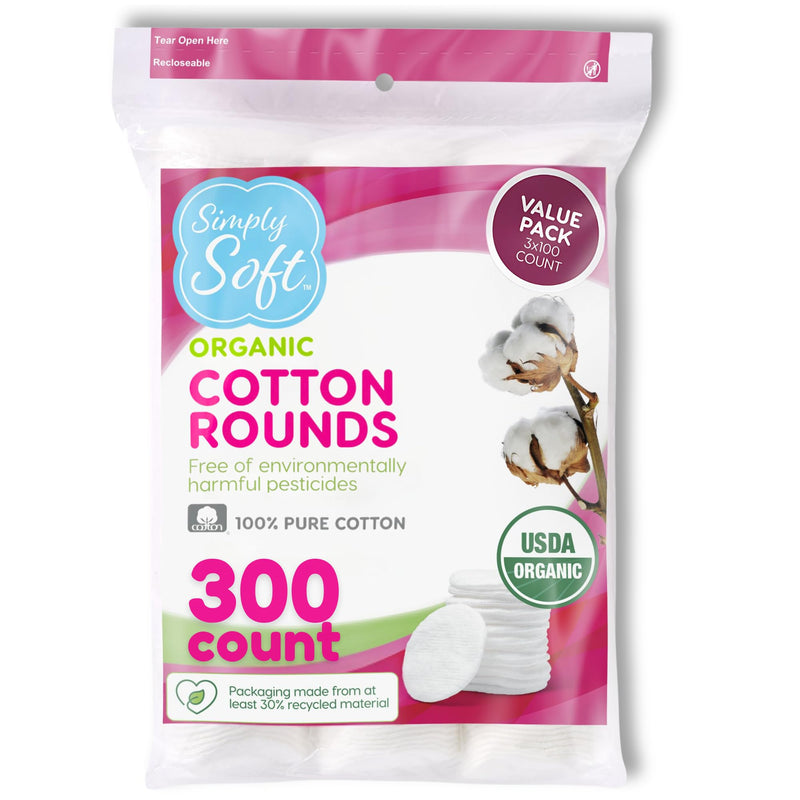 Simply Soft Premium Organic Cotton Rounds, 100 Count (Pack of 3), 100% Cotton Pads, Certified Organic, Hypoallergenic, Soft & Absorbent for