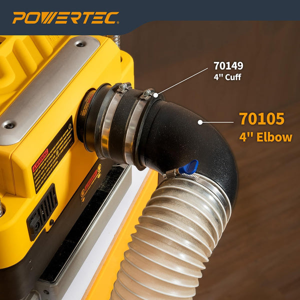 POWERTEC 70105 4" Elbow Dust Hose Connector, Black, 4", 90 Degree Elbow