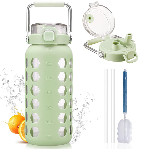 MUKOKO 64Oz Glass Water Bottles with Straw and Lid,Half Gallon Water Bottle with Time Marker,Large Glass Water Jug with Silicone Sleeve and