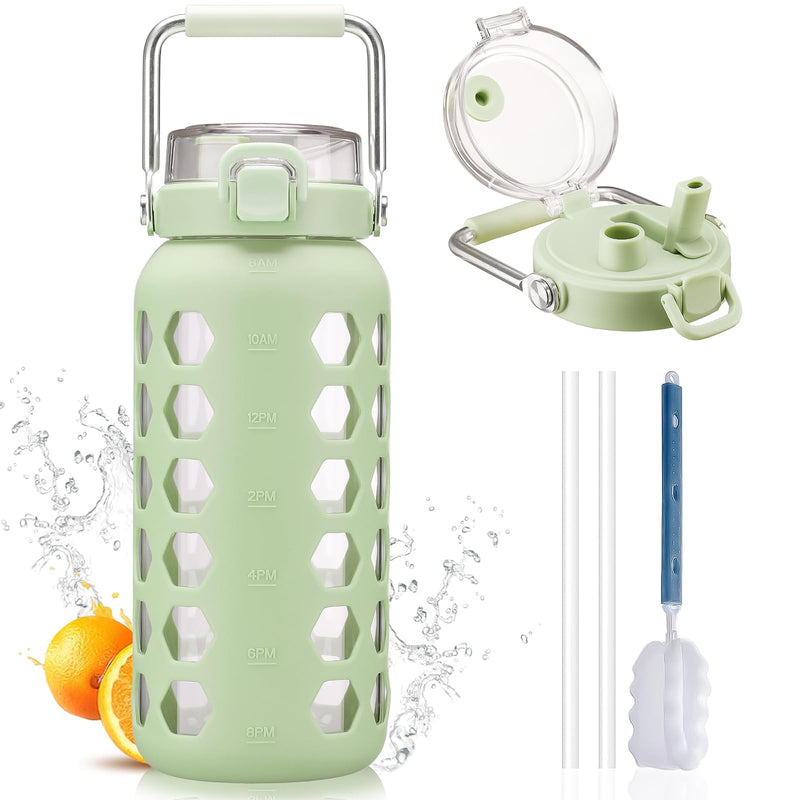 MUKOKO 64Oz Glass Water Bottles with Straw and Lid,Half Gallon Water Bottle with Time Marker,Large Glass Water Jug with Silicone Sleeve and