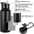 32 Oz Insulated Water Bottle with Straw Lid & Wide Mouth Lids, Stainless Steel Sports Water Bottles, Double Walled Vacuum, Leak Proof, Black