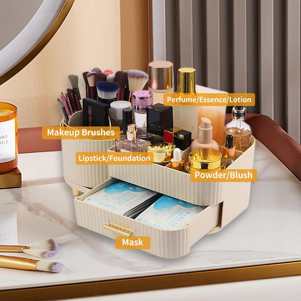 Makeup Organizer Countertop with Drawer 360 Rotating Brush Holder Storage Large Capacity Skincare Cosmetic Display Cases for Vanity Bathroom