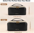 Prite Makeup Bag for Women Travel Waterproof Vegan Leather Cosmetic Bag Open Flat Toiletry Bag with Clear Divider and Handle (Large Black)