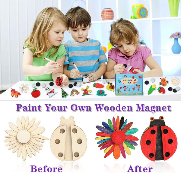 Worgree DIY Wooden Magnets, 36 Pcs Wooden Art Craft Supplies Painting Kit for Kids Party Favors for Boys Girls Ages 4-8 8-12 Birthday Easter