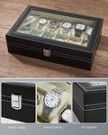 Ohuhu Watch Case, 12 Slot PU Leather Real Glass Lid, Watch Box Watch Holder Organizer Display Storage Box Soft Velvet Jewelry Box for Men and
