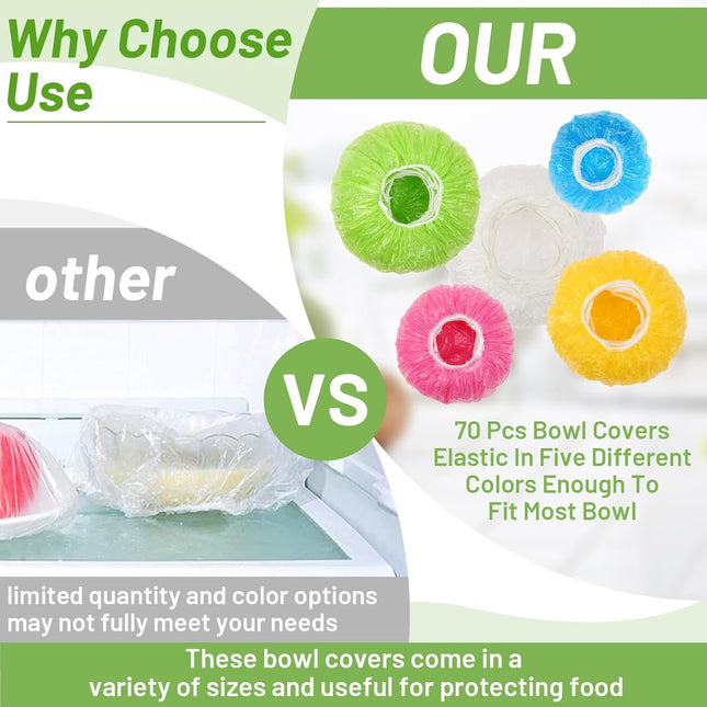 70 Pcs Bowl Covers, 5 Size Plastic Food Covers with Elastic, Colors Bowl Reusable, Alternative to Foil, Fresh Keeping, D