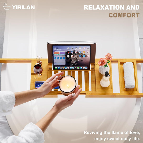 Yirilan Bathtub Tray Caddy, Expandable Wooden Bathroom, Luxury Bamboo Bathtub Tray, Bath Tub Table Caddy, Bamboo