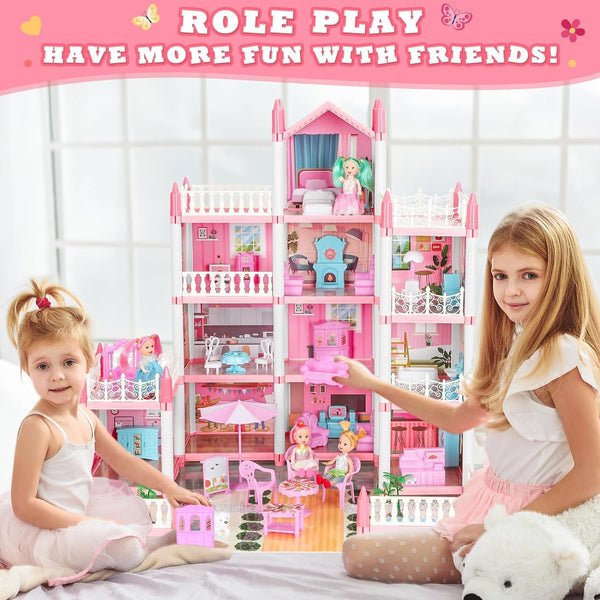 Doll House, Dream Dollhouse for Girls Pretend-Play DIY Dollhouse Kit - 4-Story 11 Rooms Playhouse with 4 Dolls Toy Figures, Furniture and