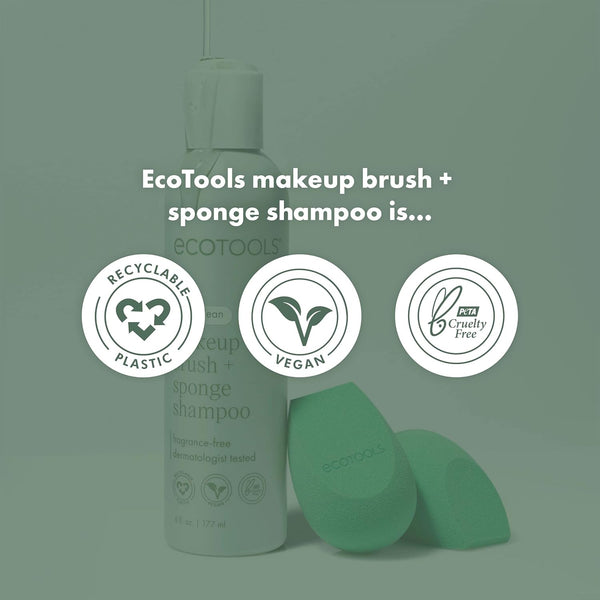 Ecotools Makeup Brush + Sponge Shampoo, Remove Makeup & Impurities from Tools, Sponges, & Puffs, Fragrance-Free Brush Cleanser, No Harsh