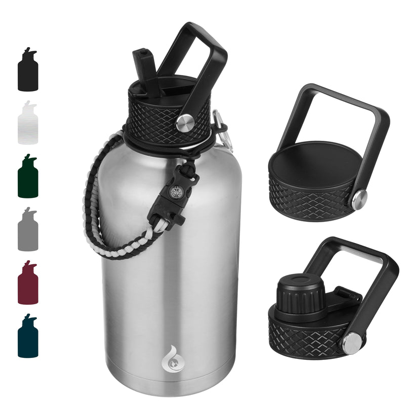 BJPKPK Half Gallon Insulated Water Bottles with Straw Lid, 64Oz Large Water Jug, Stainless Steel Bottles with 3 Lids and Paracord Handle, Thermos