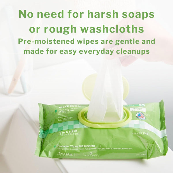 Mckesson Flushable* Adult Wet Wipes â 144 Wipes (3 Pack of 48) â Aloe & Vitamin E, Plant-Based Cleansing Wipes, Scented