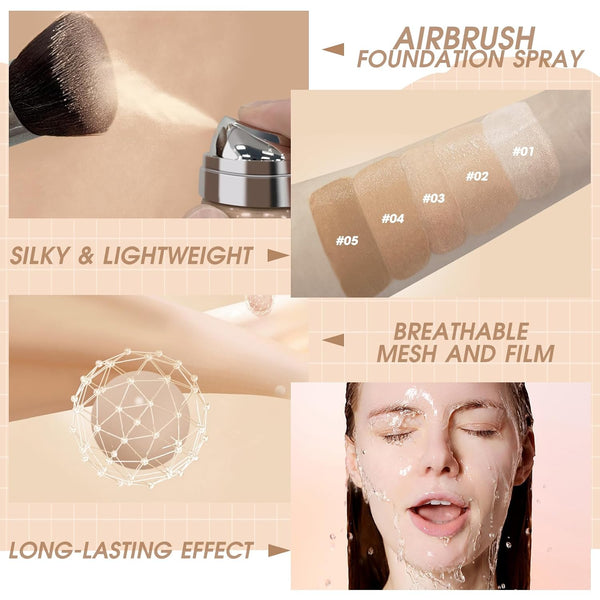 Airbrush Foundation Spray, Silky Mist Spray Makeup Kit with Brush, Full Coverage Foundation for Smooth Radiant Finish, Formula Breathable
