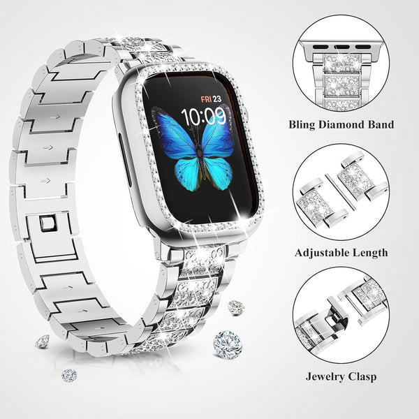 SUPOIX Compatible with Apple Watch Band S10 42Mm + Case, Women Jewelry Bling Diamond Metal Strap & 2P Cover Cases for Iwatch Series 10(Silver,42Mm)