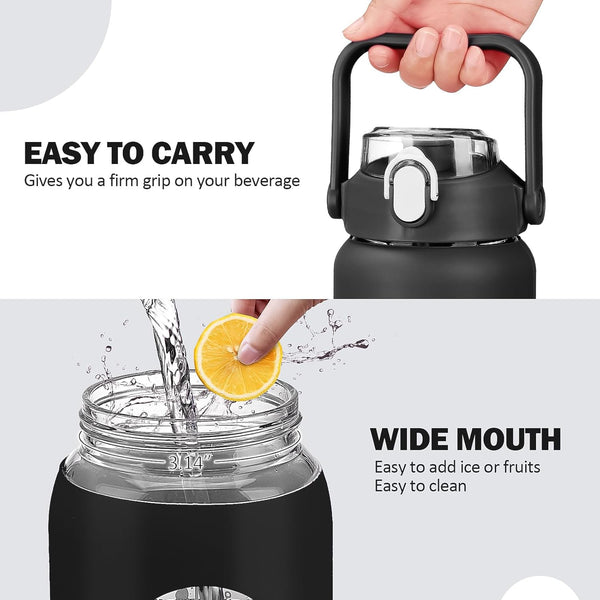 Kytffu 64Oz Glass Water Bottles with Straw, Half Gallon Motivational Glass Bottle with Silicone Sleeve and Time Marker, 2L Leakproof Large Glass