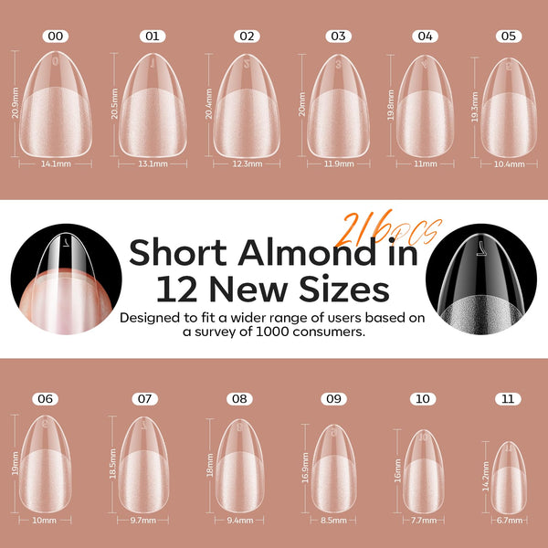 Modelones Gel Nail Kit Short Almond Gel Nail Tips, 9-In-One Nail Glue with Portable U V Nail Lamp, 216Pcs 12Sizes Press on Acrylic False Nails Tip