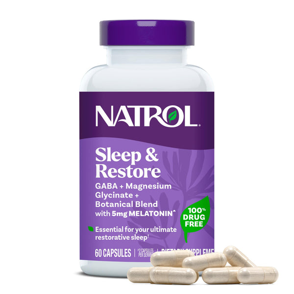 Natrol Sleep & Restore Capsules - Calm Magnesium Glycinate, Magnesium Sleep Aid with GABA, Melatonin 5Mg, Botanical Blend, 30 Day Supply