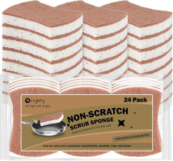 Orighty Non-Scratch Scrub Sponge, 24-Pack, Cellulose Kitchen Scrubber Sponges, Ideal for Kitchen Cleaning, Non-Stick Cookware, Washing Dishes,