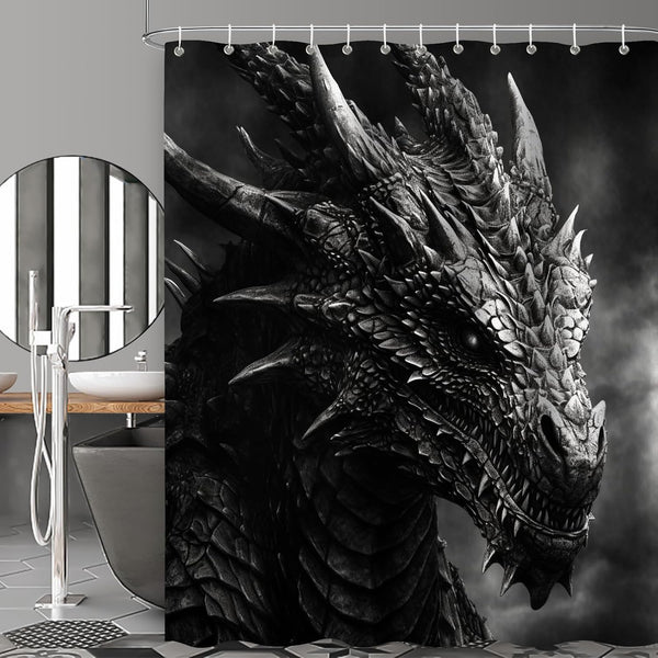 Dragon Shower Curtain for Bathroom, Black and White Boho Shower Curtain Set, Animal Fabric Modern Waterproof Bathroom Decor with 12 Hooks 72X72In