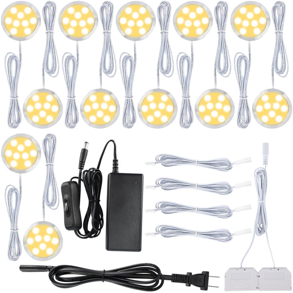 Collection Cabinet Display Lighting Kit, round LED Puck Lights, 110V Direct Electric Wired & Wall Plugged In, 12-Way Octopus Junction Box, on and