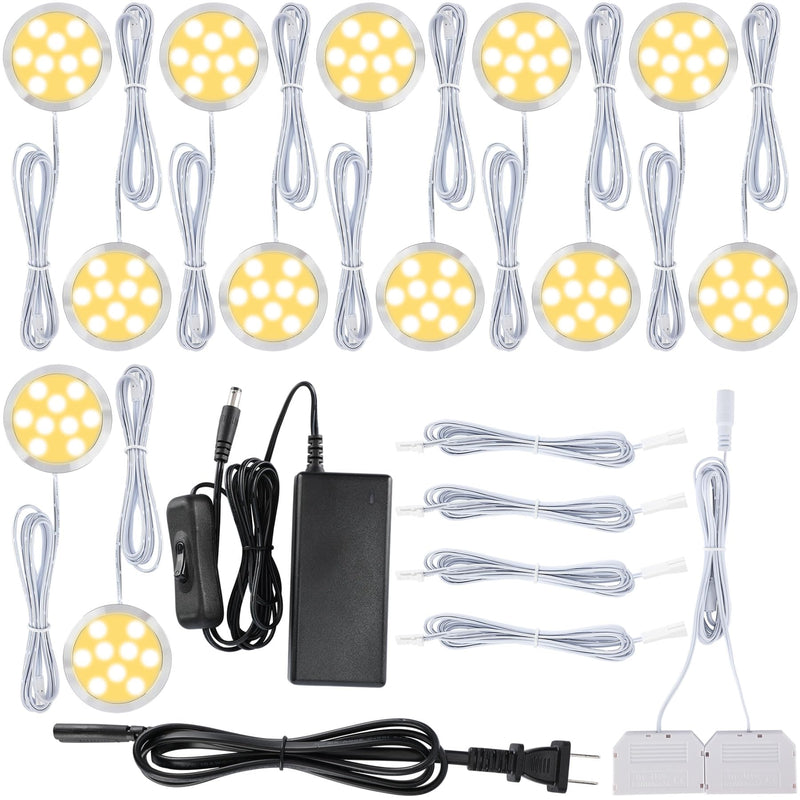 Collection Cabinet Display Lighting Kit, round LED Puck Lights, 110V Direct Electric Wired & Wall Plugged In, 12-Way Octopus Junction Box, on and