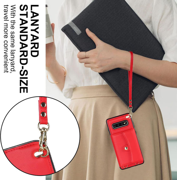 Asuwish Phone Case for Samsung Galaxy S10 plus Wallet Cover with RFID Blocking Credit Card Holder Wrist Crossbody Strap Lanyard Stand Cell