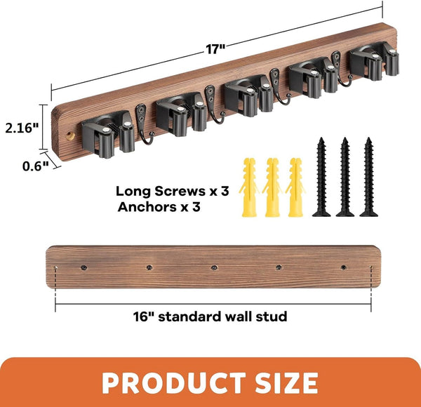 IMILLET Broom Holder Wall Mount, Rustic Wood Broom Hanger with 5 Racks and 4 Hooks, Laundry Room Organization and Storage, Mop Holder for Home