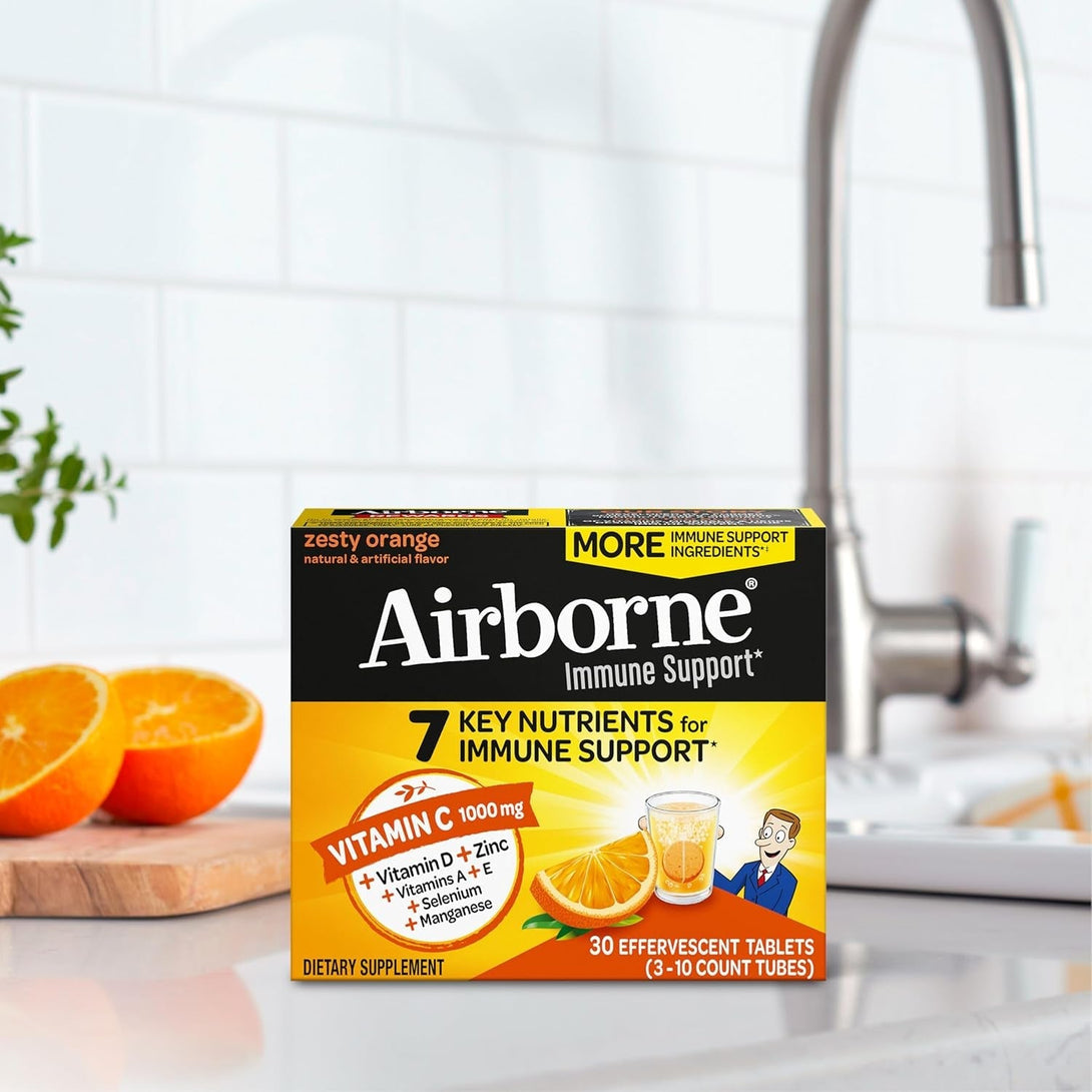 Airborne Vitamin C 1000Mg (Per Serving) - Zesty Effervescent Tablets, Gluten-Free Immune Support Supplement, Echinacea & Ginger, Orange, Citrus, 30 Count (Pack of 3)