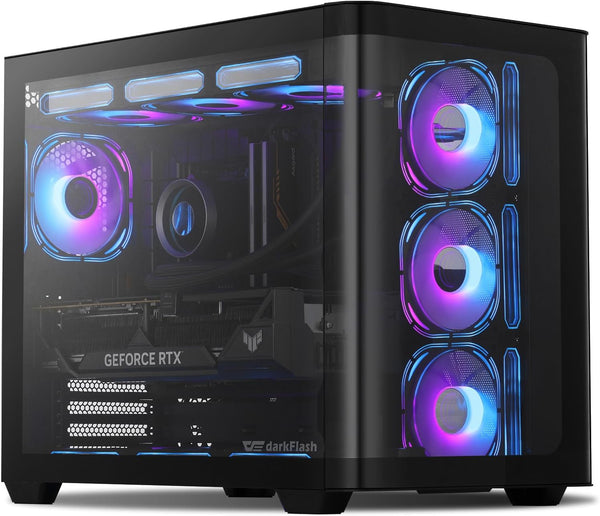 Darkflash ATX Mid-Tower Gaming PC Case, Back Plug-In BTF Motherboard, with 4 ARGB Fans Computer Case, Full View Curve Glass Dual-Chamber PC Case,