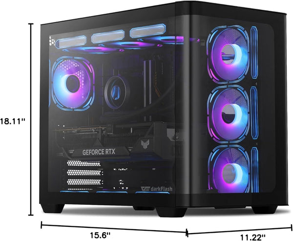 Darkflash ATX Mid-Tower Gaming PC Case, Back Plug-In BTF Motherboard, with 4 ARGB Fans Computer Case, Full View Curve Glass Dual-Chamber PC Case,