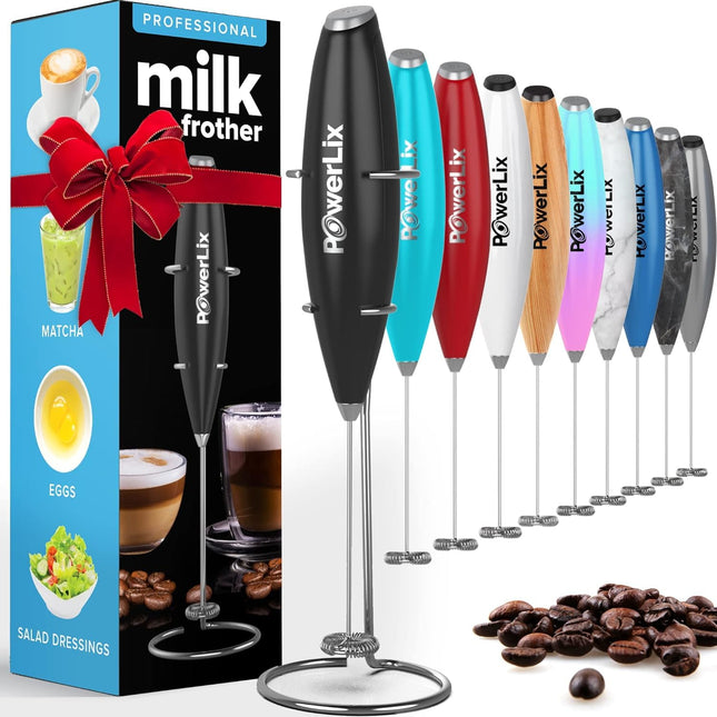 Powerlix Powerful Handheld Milk Frother with Stand Battery Operated Foam Maker Frother Wand for Coffee (A Black) (Hearts