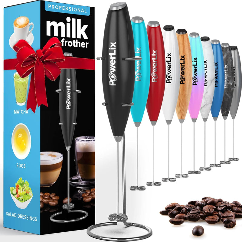 Powerlix Powerful Handheld Milk Frother with Stand Battery Operated Foam Maker Frother Wand for Coffee (A Black) (Hearts)