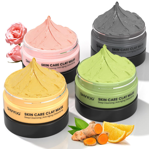 4 Pcs Clay Facial Mask Set - Turmeric, Vitamin C, Green Tea, Dead Sea Mud, and Rose Clay Skin Care Mask for Deep Cleansing, Moisturizing, and